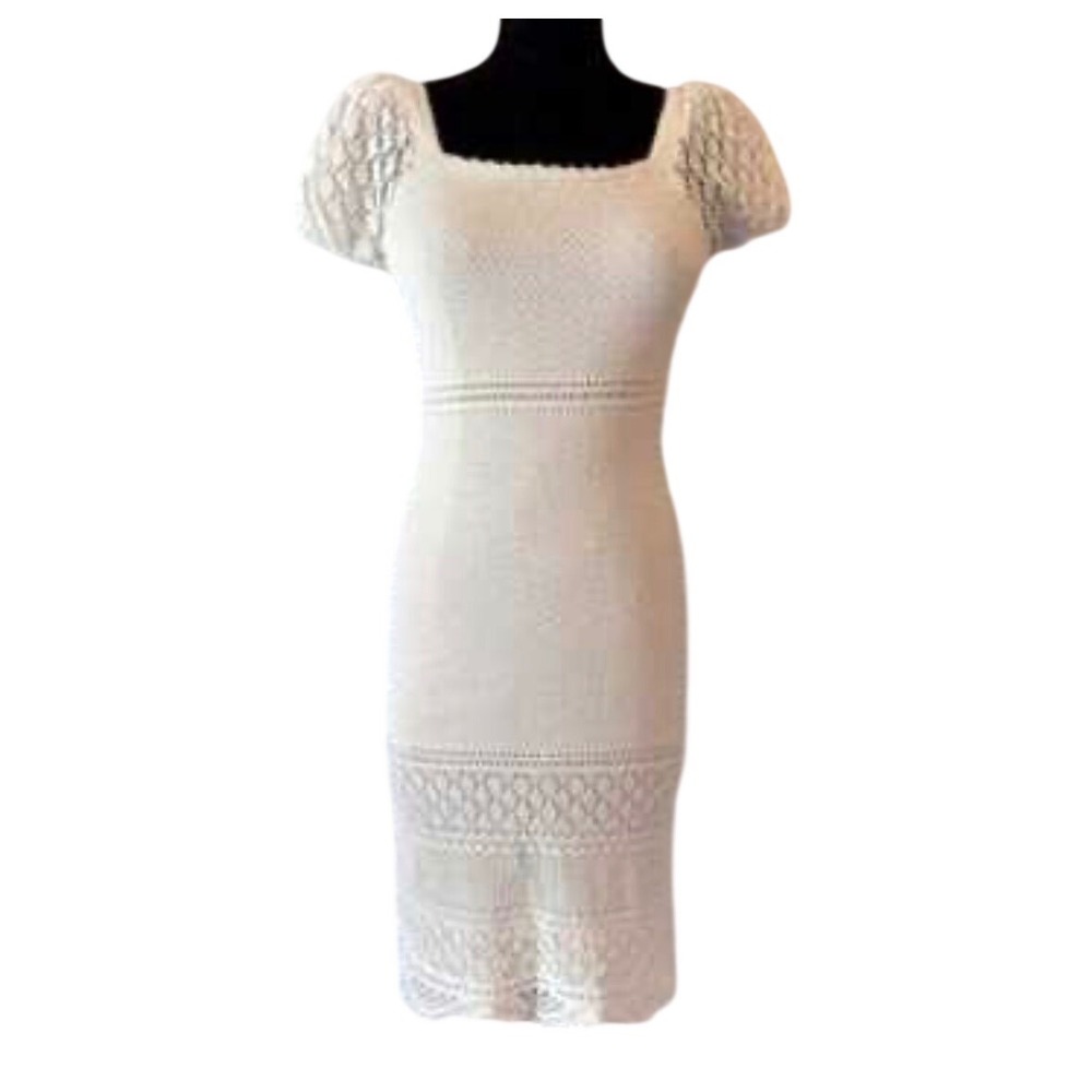 freshman1996 Crochet Square‎ Neck Puff Sleeve Midi Dress Cream White Size M